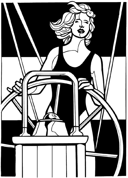 Woman in swimsuit at boat's wheel vinyl sticker. Customize on line.       Boats Shipping 013-0142  